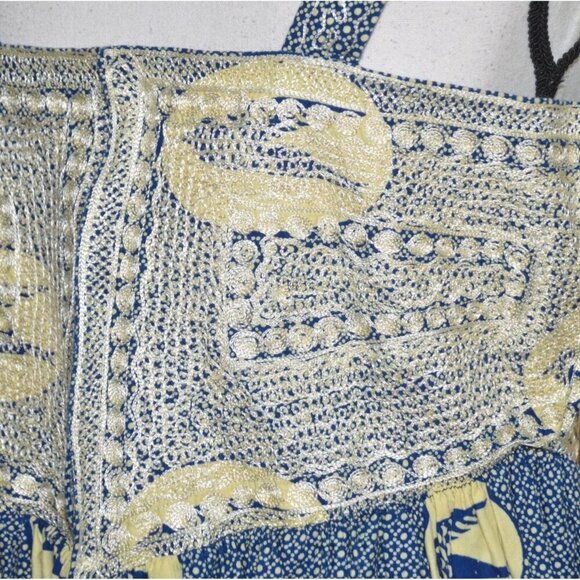 Hand Made Blue & Beige Nautical Coastal Sundress Size L Embroidered Bird Pattern - Picture 12 of 14